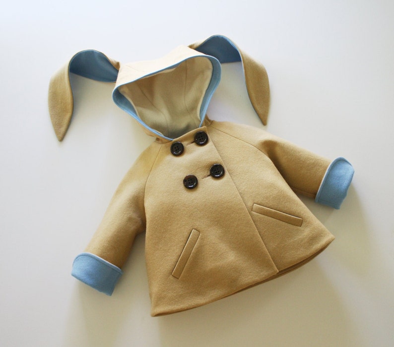 Little Rabbit Coat/ Toddler Bunny Jacket/ Camel and Blue Wool Bunny Coat/ Luxe Little Rabbit in Blue/ Little Goodall Bunny Coat image 5