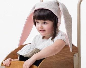 Girls Merino Wool Bunny Hat: Heather Oatmeal and Pink