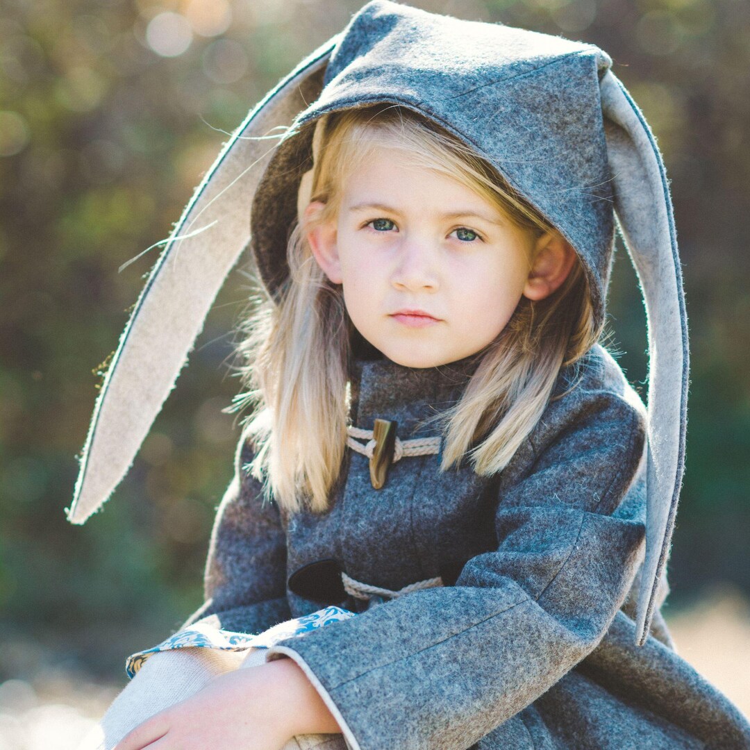 Girls Bunny Coat in Brown & Beige, Winter Coat With Bunny Ears