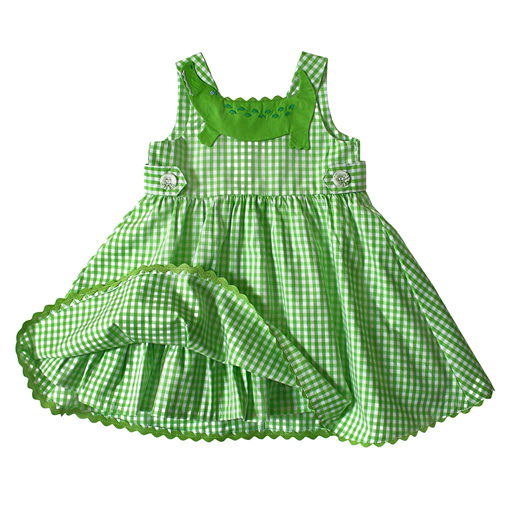 Alligator Dress Green Gator Gingham Sundress Girls Alligator Birthday Party Outfit Crocodile Dress Toddler Girls Summer Cotton Dress