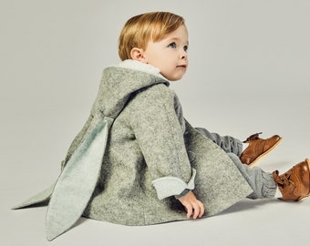 Manteau lapin en laine gris pour garçon// Caban en lapin pour garçon// Veste lapin en laine grise// Manteau lapin pour bébé// Vêtements pour tout-petit garçon// Manteau lapin de Pâques