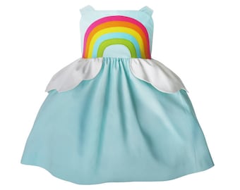 Rainbow Dress, Rainbow Birthday Party Dress, Girls Blue Sky Rainbow Sundress, Blue Cotton Rainbow Dress, Little Girl Rainbow Sky Party Dress