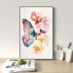 Watercolor butterfly with flowers - Butterfly Wall Art, Flower Wall Art, Watercolor Wall Art, Home Decor, Printable Wall Art