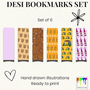 May include: A set of six "Desi Bookmarks" with various designs, including a light purple bookmark with white dots, coffee cups, brown swirls, yellow patterns, tuk-tuk vehicles, and pink bottle illustrations. The text "Hand drawn illustrations, Ready to print" is also visible.