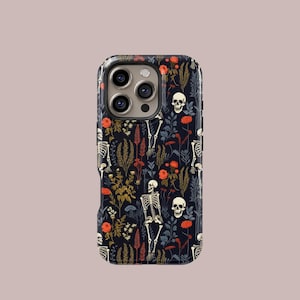 Floral Skeleton Phone Case, Gothic Skeleton with Floral Cover - iPhone 16 15 14 13 12 11 Pro Plus Max, Samsung Galaxy S25 S24 S23 S22 Ultra
