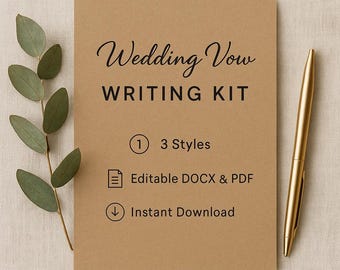 May include: A kraft paper Wedding Vow Writing Kit with black script text and a gold pen. The kit includes 3 styles, editable DOCX & PDF files, and instant download. A sprig of green leaves is on the left.