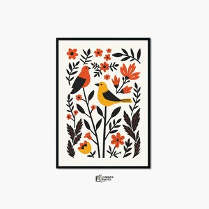 Instant Digital Download, Art illustration,Nordic Abstract Flower Birds Photography Print: Scandinavian Wall Art (Digital Download)