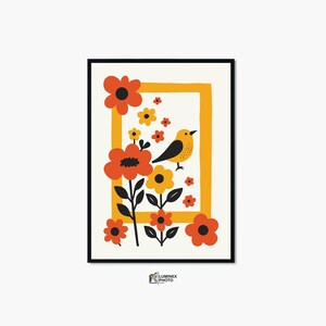 Instant Digital Download, Art illustration,Nordic Abstract Flower Birds Photography Print: Scandinavian Wall Art (Digital Download)