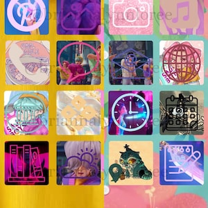 May include: A vibrant collage featuring various social media app icons, including Facebook, Instagram, and Pinterest, alongside artistic illustrations and a clock design. The background is split between yellow and pink floral patterns.