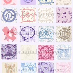 May include: A collection of digital icons with a pastel aesthetic, featuring bows and social media symbols. The icons are in shades of pink, purple, and blue, with a repeating bow pattern in the background. The image includes the text "@briannalynforee".