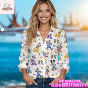 Women Casual Shirt Disney Characters Mickey Minnie Donald Pluto Button Up Blouse Cruise Vacation Outfit