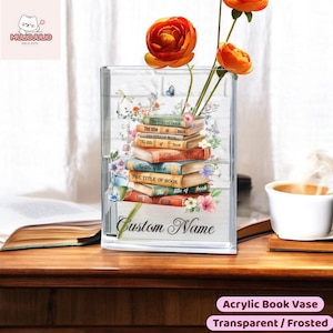 Custom Name Acrylic Book Vase, Stacked Books Floral Book Shaped Vase, Transparent Reading Decor Gift for Book Lovers