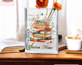 Custom Name Acrylic Book Vase, Stacked Books Floral Book Shaped Vase, Transparent Reading Decor Gift for Book Lovers