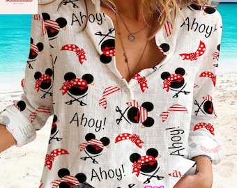 Disney Pirate Mickey Mouse Shirt Women Casual Button Up Ahoy Skull Cartoon Print Beach Top