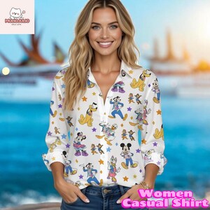 Women Casual Shirt Disney Characters Mickey Minnie Donald Pluto Button Up Blouse Cruise Vacation Outfit