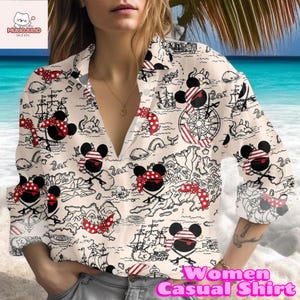Women Casual Shirt Disney Pirate Mickey Minnie Map Nautical Skull Bandana Print Summer Beach Shirt
