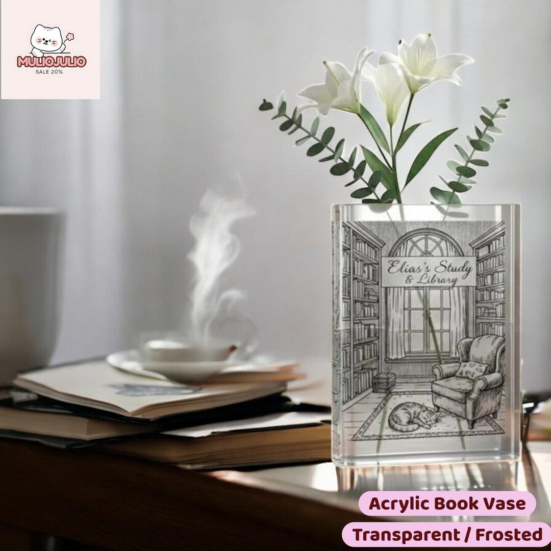 Library Illustration Acrylic Book Vase, Transparent Book Shaped Flower ...