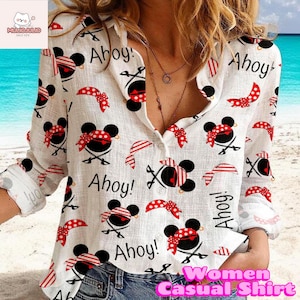 Disney Pirate Mickey Mouse Shirt Women Casual Button Up Ahoy Skull Cartoon Print Beach Top