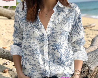 Vintage Blue Toile Shirt Women Casual Button Up Floral Scenic Print French Toile Summer Top
