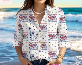250th Anniversary Women Shirt - 1776-2026 USA Patriotic Casual Button Down Shirt