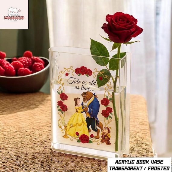 Disney Beauty and the Beast Acrylic Book Vase, Tale as Old as Time Flower Vase, Transparent Frosted Fairytale Decor
