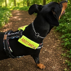 Könnte beinhalten: Ein schwarz-brauner Hund trägt ein schwarzes Geschirr mit neongelben Aufnähern. Die Aufnäher zeigen den roten Schriftzug ABSTANDA und ein kleines rotes Dreieck. Das Geschirr hat schwarze Riemen mit buntem Muster und ein silbernes Kettenhalsband.