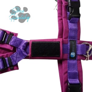 Könnte beinhalten: Ein magentafarbenes Hundegeschirr mit lila Gurten und schwarzen Schnallen. Das Geschirr hat einen schwarzen Klettverschluss und einen Metallring zur Befestigung der Leine. Der Markenname "X-anny-x" ist auf der Seite aufgedruckt.