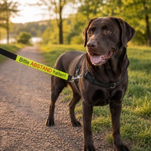 Könnte beinhalten: Ein schokoladenbrauner Labrador Retriever trägt ein schwarzes Geschirr mit einem Metall-D-Ring, befestigt an einer neongelben Leinenhülle mit dem schwarzen und roten Text Bitte ABSTAND halten!, verbunden durch einen silbernen Metallkarabiner.