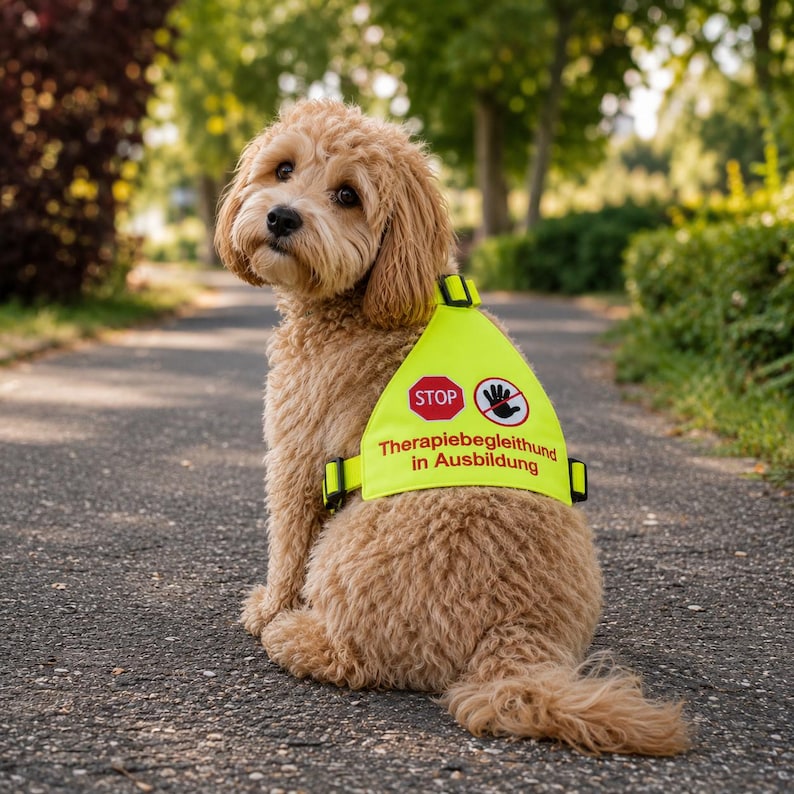 Kleiner lockiger Hund trägt eine neongelbe Warnweste mit der Aufschrift ‚STOP Therapiebegleithund in Ausbildung‘ und einem Bitte-nicht-anfassen-Symbol. Der Hund sitzt auf einem Parkweg im Freien. Hochsichtbare Warnweste für Assistenzhunde, Therapiebegleithunde und Hunde in Ausbildung.