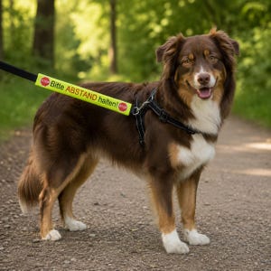 Könnte beinhalten: Ein braun-weißer Hund trägt ein schwarzes Geschirr und eine neongelbe Leinenhülle. Die Hülle zeigt rote Stoppschild-Symbole und den in Schwarz und Rot gedruckten Text "Bitte ABSTAND halten!", was auf eine Bitte um Abstand hinweist.