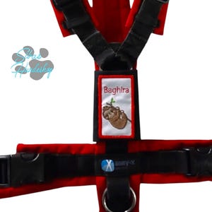 Könnte beinhalten: Rotes Hundegeschirr mit schwarzen Gurten und Schnallen. Das Geschirr hat einen Aufnäher mit dem Namen "Baghira" und einer Illustration eines Faultiers. Das Geschirr hat auch das Logo "anny-X".