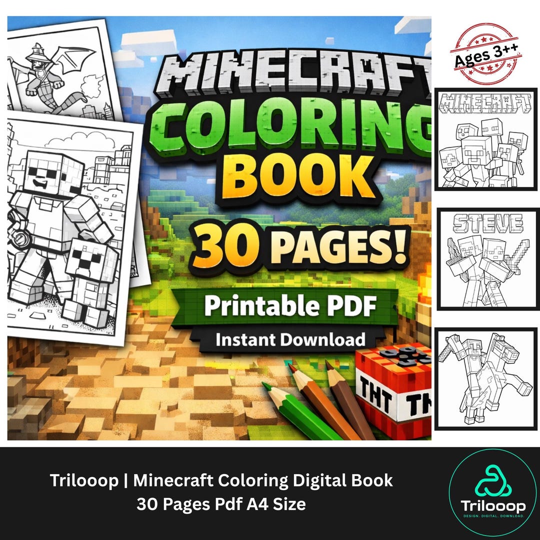 Minecraft Coloring Book 30 Pages Printable PDF, Kids Coloring Pages