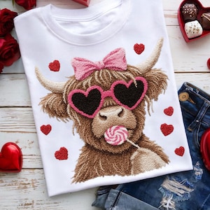 Può includere: T-shirt bianco con ricamo di mucca delle Highlands con occhiali a forma di cuore e fiocco rosa. La mucca tiene in mano un lecca-lecca. Accenti a cuore rosso e un paio di jeans completano il tema di San Valentino.