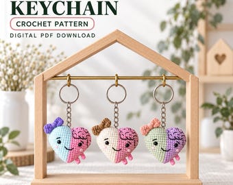 Brain-shaped keychain, PDF pattern for a heart, Kawaii-style gift