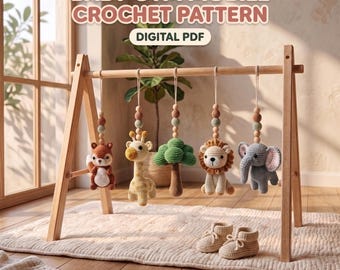 Woodland Baby Mobile Crochet Pattern (PDF), Fox, Giraffe, Lion, Elephant, Tree