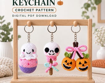 Keychain Halloween Crochet Pattern Bundle, Ghost Skull Lollipop and Pumpkin Amigurumi PDF