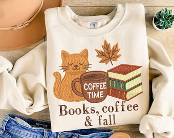 Autumn Cat with Coffee Embroidery File, Cozy Fall Reading Machine Embroidery, Book Lover Stitch Design