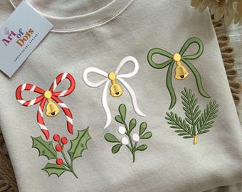 Conjunto de diseños de bordado de campanas navideñas, archivo de bordado de lazo de bastón de caramelo, patrón de bordado a máquina de vegetación navideña