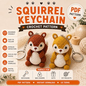 Virkmönster för ekorrenyckelring, Amigurumi skogsdjur (PDF-nedladdning)