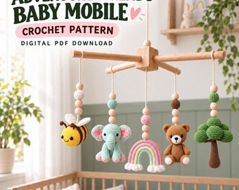 Baby Mobile Crochet Pattern Bundle, Bee Elephant Bear Rainbow Tree Nursery Amigurumi PDF