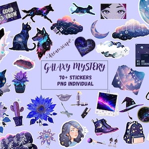 Galaxy Mystery Sticker Bundle, Adesivi estetici, Adesivi carini, Adesivi per pianificatore digitale, Stelle, Spazio, PNG pre-ritagliato,Note