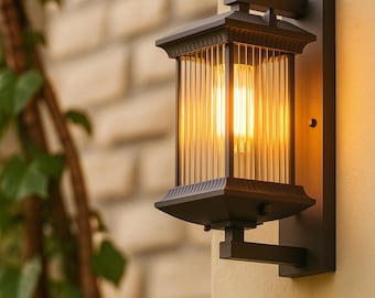 Aplique de pared exterior impermeable – Farol exterior de estilo vintage en metal marrón y cristal para porche, jardín, patio, puerta – IP54 E27