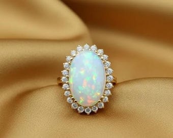 Opale di fuoco ovale enorme da donna, argento placcato oro 14k, regalo di anniversario unico per lei