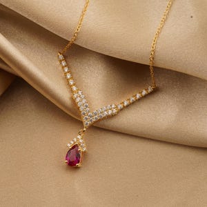 Ruby Teardrop Necklace, 14k Yellow Gold Plated Diamond Necklace
