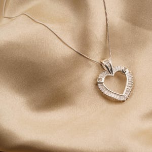Heart Shape Design Moissanite Pendant Necklace, Baguette Cut Diamond Pendant, Valentine Pendant For Couples Gift, 14k White Gold Plated