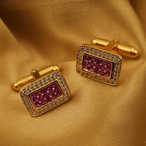 Men's Luxury Pink Ruby Cufflinks, 14k Yellow Gold Plated Anniversary Gift
