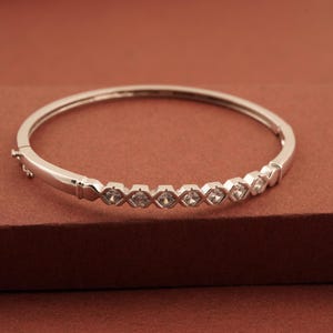 Half Eternity Bangle, Round Diamond Bangle, 14k White Gold Plated Handmade Bangle For Women&#39;s, 925 Sterling Silver Bangle, Gift For Her