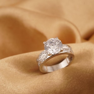 Solitaire Engagement Silver Ring, Round Cut Moissanite Ring, 14k White Gold Plated Handmade Ring For Women,925 Sterling Silver, Gift For Her