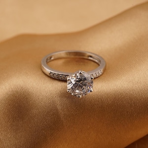 Solitaire Silver Ring, Round Diamond Ring, Perfect Engagement Ring, 14k White Gold Plated Handmade Ring For Women, 925 Sterling Silver Ring