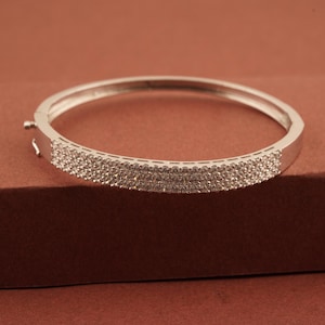 Moissanite Cluster Half Eternity Bangle, Round Shape Diamond Bangle, 14k White Gold Plated Handmade Bangle For Women&#39;s, 925 Sterling Silver